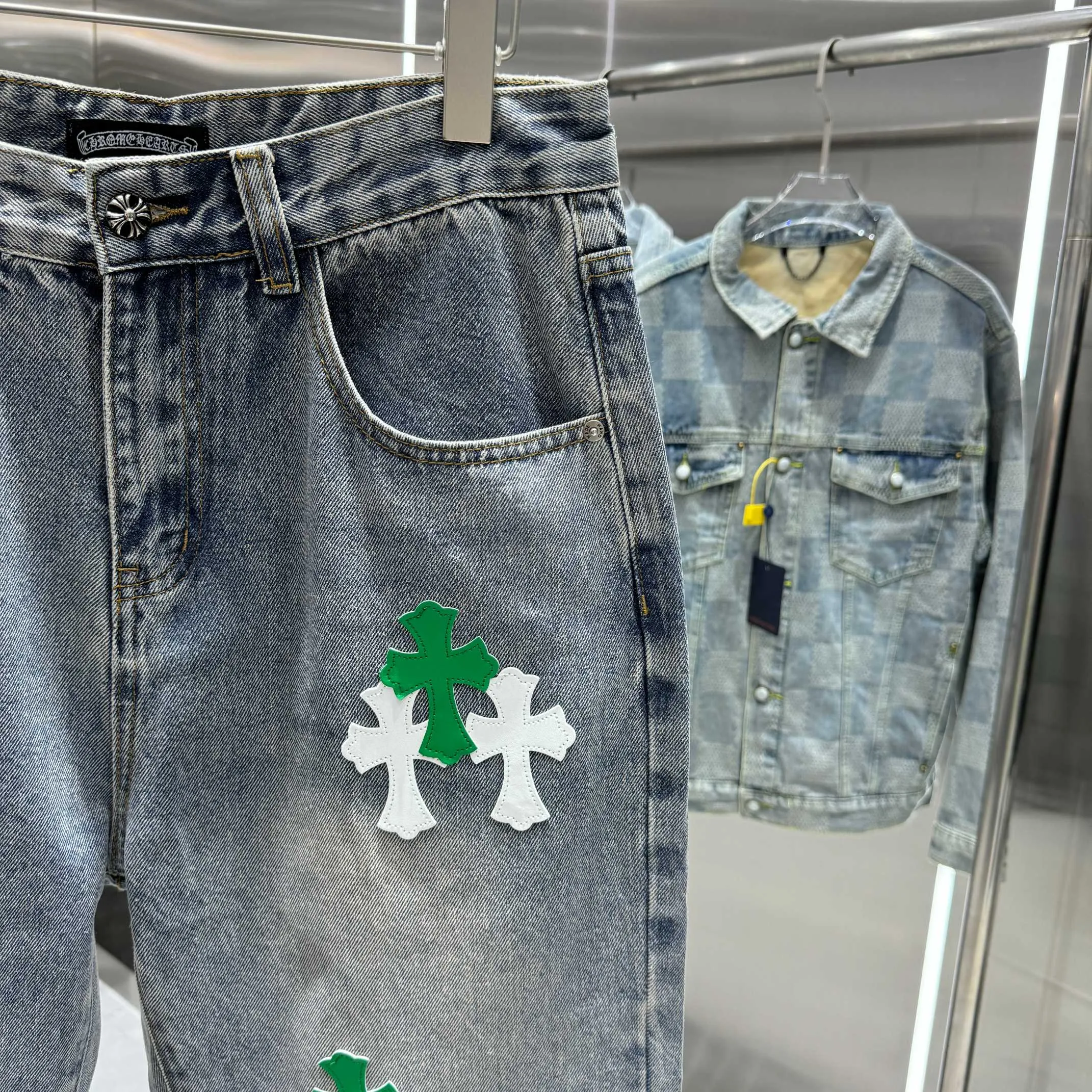 🅿️270 Crow Heart Cross logo + printed logo jeans 2025 latest product, original goods, washed casual jeans, imported original washed stretch fabric, comfortable and elastic, original hardware accessories decorated with logo, super correct version, extremely high grade, counter quality, fashionable and stylish upper body. The printing adopts imported foam printing, customized buttons, YKK zippers. The complete set of accessories is customized by molding. Color: blue Size: S-XXL 28 30 32 34 36 code